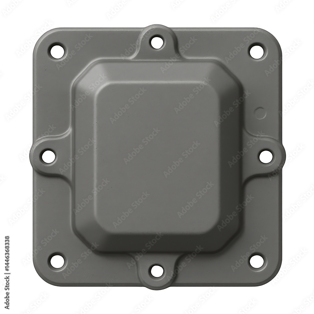 Fototapeta premium Industrial square gray cover with a prominent raised center and integrated attachment points for secure fitting.