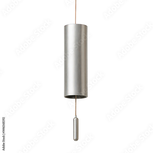 Graceful brushed silver-tone cylindrical pendant fixture displaying a discreet pull cord and polished metal weight.