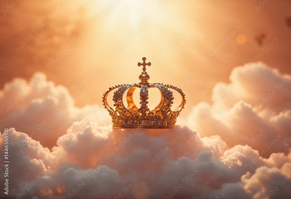 Naklejka premium Golden crown with cross on clouds at sunset. Divine royalty symbol for Christian holiday. Easter, Christmas card design with copy space for religious concept