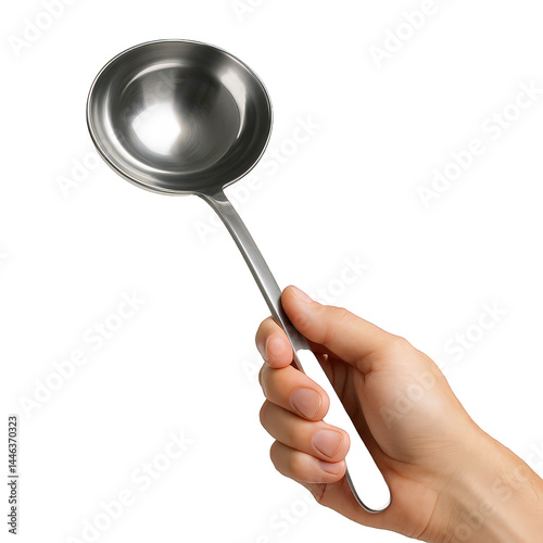 A human hand firmly grips a shiny stainless steel kitchen ladle, a versatile essential tool for cooking and serving.