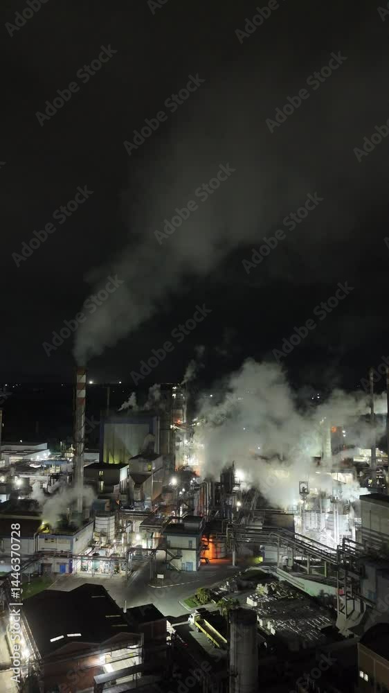 Visão aérea vertical noturna capturada por drone em vídeo 4K de uma fábrica de papel e celulose em operação na cidade de Suzano, SP, com destaque para a estrutura iluminada
