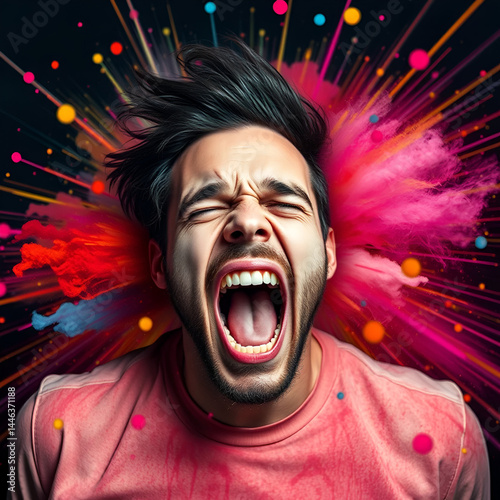 Man Screams Amidst Explosive Burst of Vivid Colors