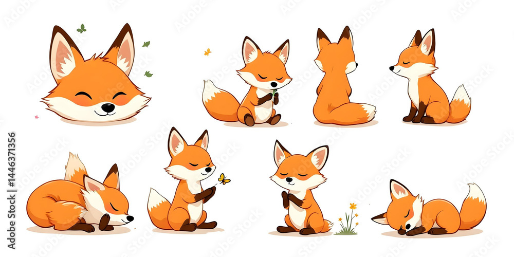 Obraz premium Cute Cartoon Foxes Collection in Various Poses Vector Illustration, Adorable Forest Animal Characters with Smiling Faces, Sitting, Sleeping and Playing