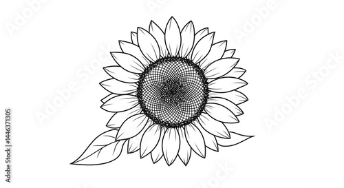 Simple black-white sunflower line art, detailed petals, clean elegant style.