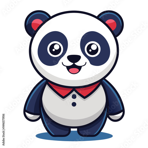 Cartoon Panda Bear Standing Upright on White Background, Wearing a Red Bow Tie Outfit