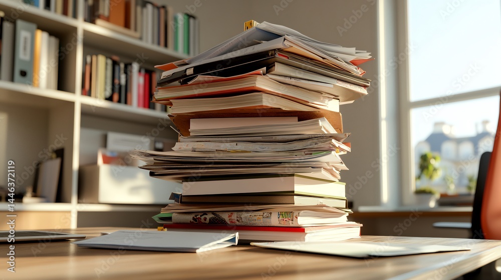 Fototapeta premium Tower of books and papers on desk