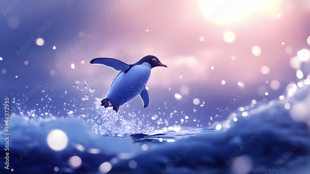 Fototapeta premium A penguin in mid-air as it leaps from the ocean, water droplets frozen in time. [Frozen Time] | Snowbound Minutes | frozen time. Illustration