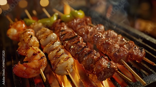 Colorful skewers of grilled meats and seafood over hot coals.