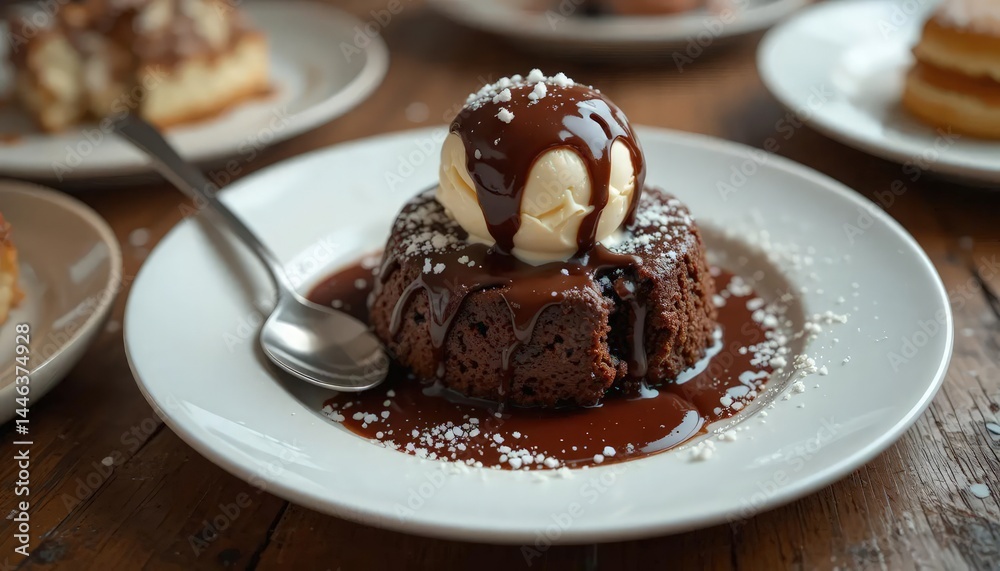 A small, round chocolate lava cake with vanilla ice cream on top, drizzled in fudge sauce and melting into the center of its white plate. A spoon is sitting next to the food A small, round chocolate lava cake with vanilla ice cream on top, drizzled in fudge sauce and melting into the center of its white plate. A spoon is sitting next to the food