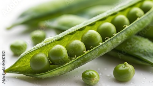 Open pea pod with peas lined inside, macro detail