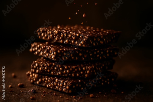 Stack of Crunchy Dark Chocolate and Puffed Quinoa Bars with Falling Crumbs on Rustic Surface
