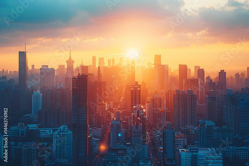 Witness breathtaking beauty of modern city skylines adorned with towering skyscrapers, as mesmerizing hues of a sunset paint a picture perfect backdrop, all while AI technology enhances experience of 