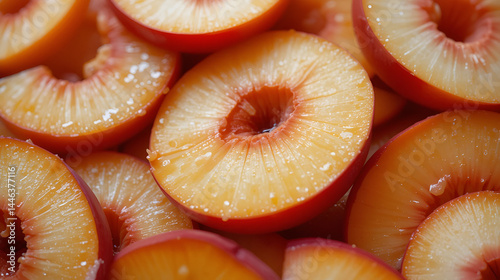 Refreshing close-up of sliced peaches displaying vibrant colors and juice
