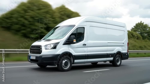 A white delivery van speeds down a highway on a cloudy day. Concept of cargo transportation.