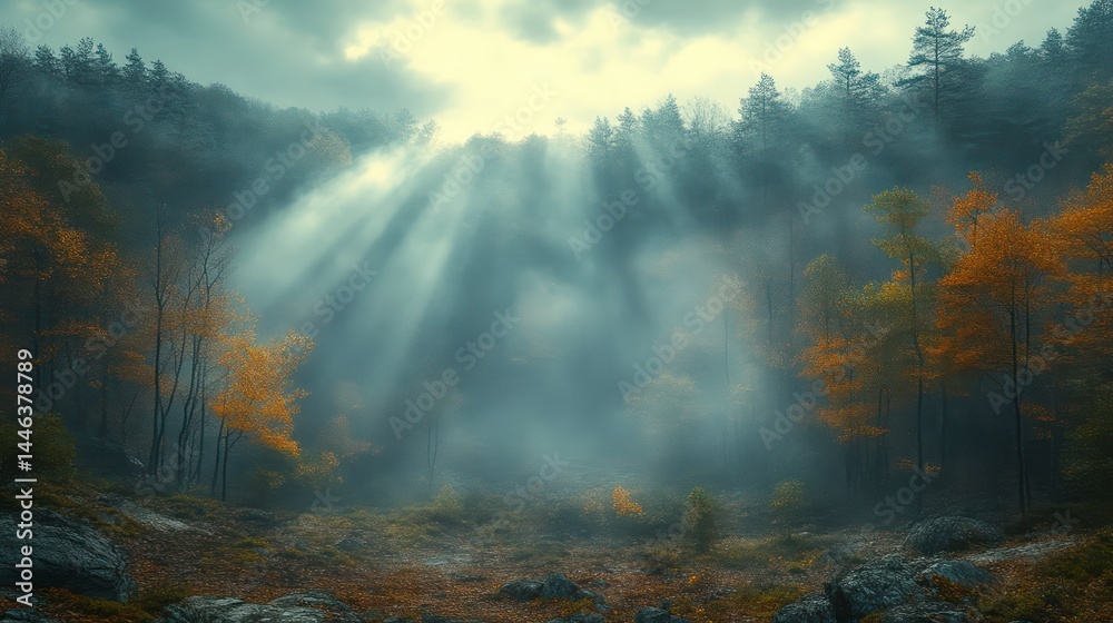 Sunlight Beams Through Misty Forest Illuminating Autumn Leaves and Rocks in a Serene Natural L