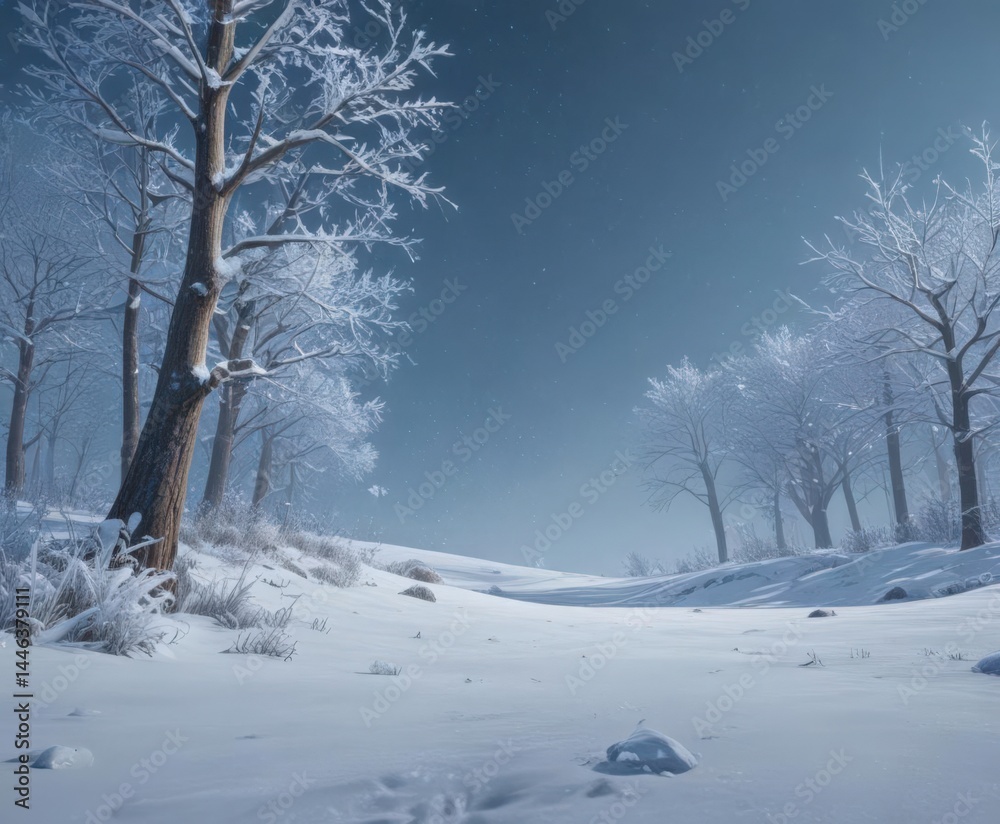Fototapeta premium Crisp blue winter scene, snowflakes gently falling , christmas, blue, photography