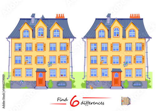 Find 6 differences. Illustration of the cute house with windows. Logic puzzle game for children and adults. Page for kids brain teaser book. Flat vector drawing.