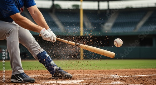 Baseball player hitting a ball with a wooden bat during a game at a stadium with dirt flying