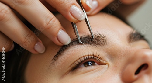 A close up of a person getting their eyebrows tweezed by a professional with manicured nails