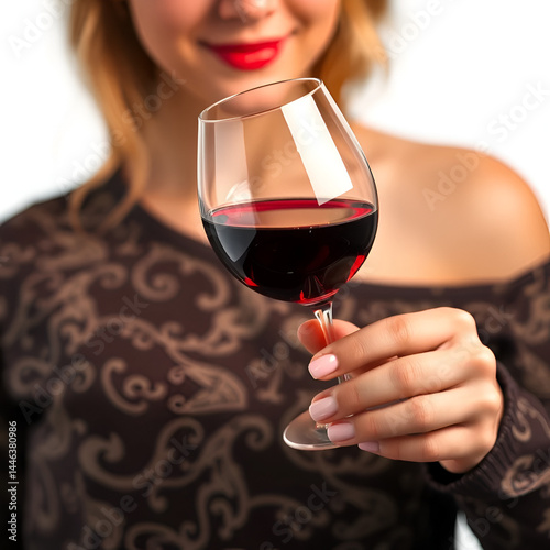 the girl holds a glass with red wine large plan isolated on white. Alcohol, pleasure, drunkenness