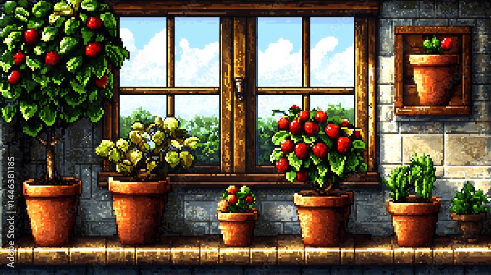 Obraz premium pixel art of stylized coffee plants, warm 8-bit colors, simple pixelated leaves and cherries