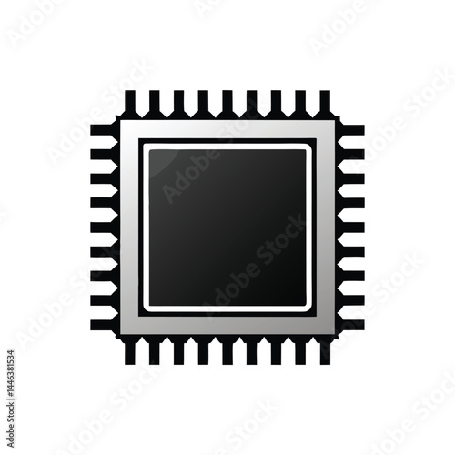 Silver Computer Chip Illustration, Processor Icon with Black Core on White