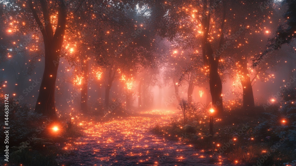 Enchanting forest path illuminated with glowing lights and misty atmosphere, creating a mystical environment full of wonder on a transparent background, PNG image, PNG file. Enchanting forest path illuminated with glowing lights and misty atmosphere, creating a mystical environment full of wonder on a transparent background, PNG image, PNG file.