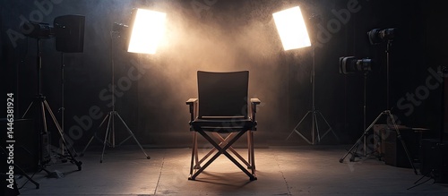 A lone director's chair sits under studio lights, ready for filming