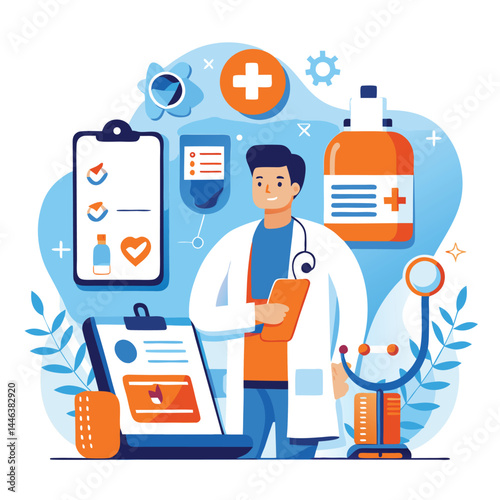 Asian doctor in lab coat holds clipboard amidst medical equipment against a light blue backdrop