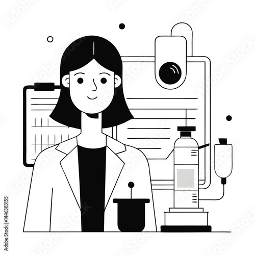 Smiling young scientist wearing a lab coat stands behind scientific equipment in black and white