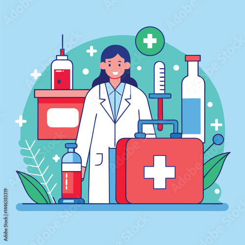 Smiling female doctor stands beside a first aid kit and medical supplies in studio