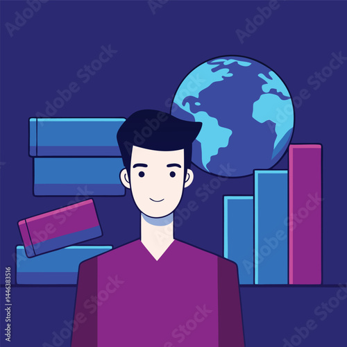 Fairskinned man stands cheerfully before a globe, bars, and stacked geometric blocks