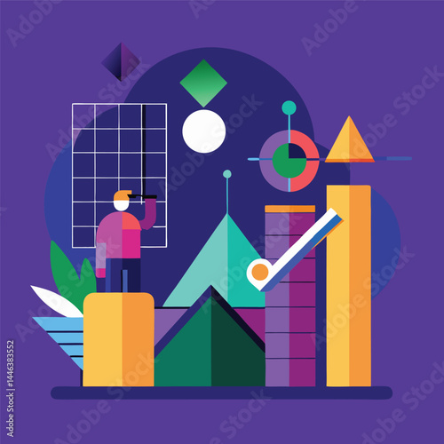 Man surveys the geometric landscape with binoculars amidst colorful shapes on a purple backdrop
