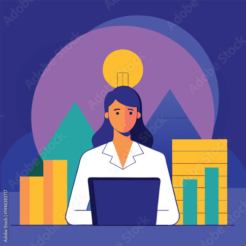 Woman in a white coat uses a laptop surrounded by graph charts and idea