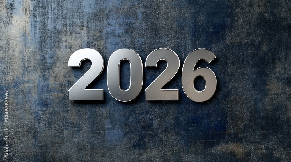 Fototapeta premium Silver '2026' numbers, blue textured background