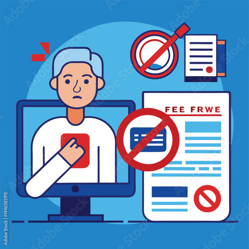 Unhappy person on computer faces rejection of fee and payment request online