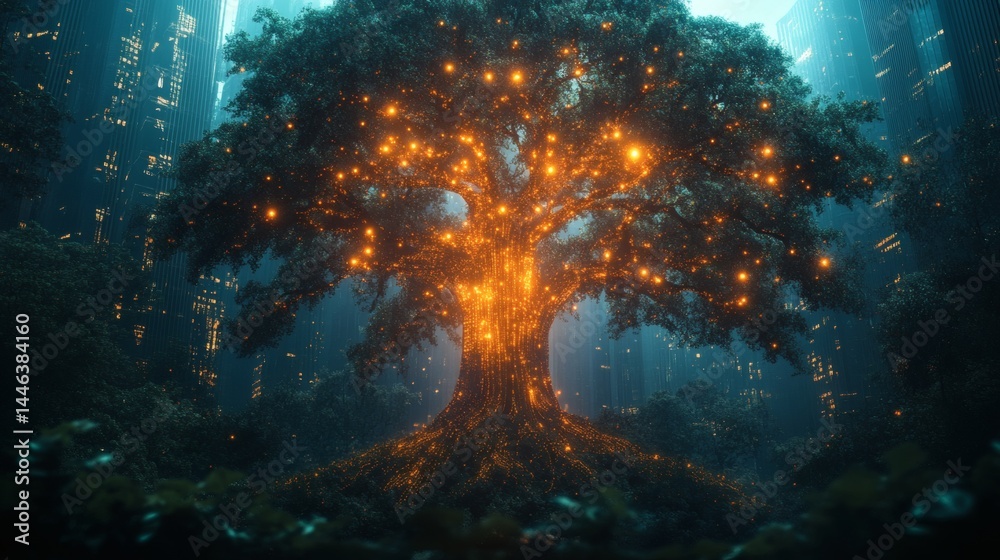 Obraz premium Enchanted glowing tree with surreal orange light amid dark skyscrapers in urban forest landscape, night scene, on a transparent background, PNG image, PNG file.