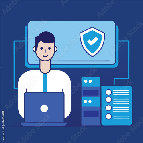 Fairskinned man smiling while working on laptop secures digital assets with security measures