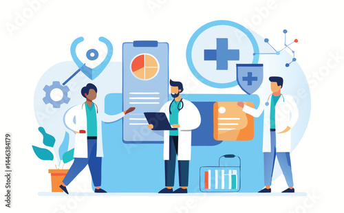 Three flat design doctors collaboratively reviewing patient data charts and medical documents against a white background
