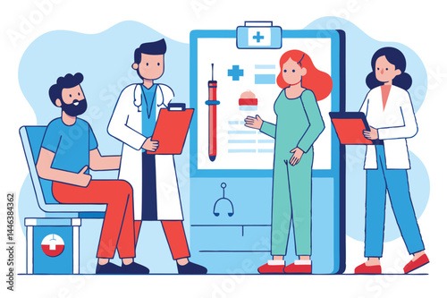 Doctor consults male patient as medical staff assists a female patient in transparent background