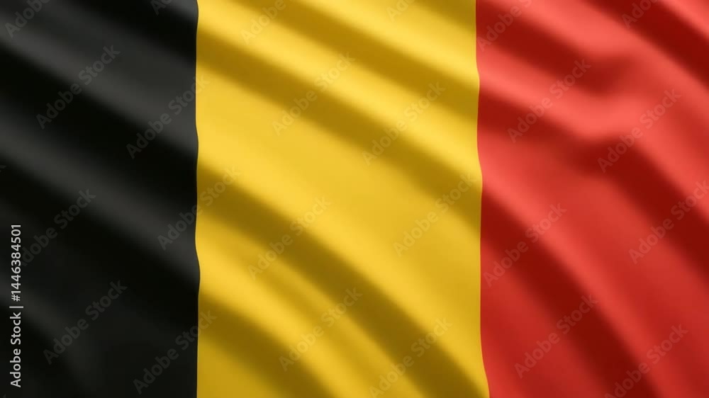 A detailed close-up of the Belgian flag gently waving, showing the black, yellow, and red vertical stripes.
Concept of: Belgian national identity.
