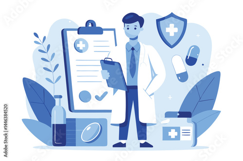 Monochromatic medical practitioner reviews patient records in blue and white color scheme