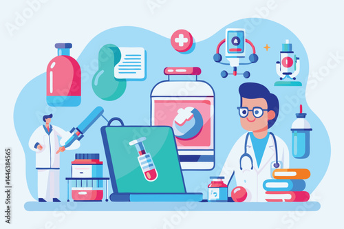 Flatstyle doctors are analyzing a blood sample using laptop and modern medical equipment