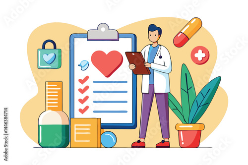 Cheerful doctor reviews a clipboard showing a heart symbol amid medical tools and supplies