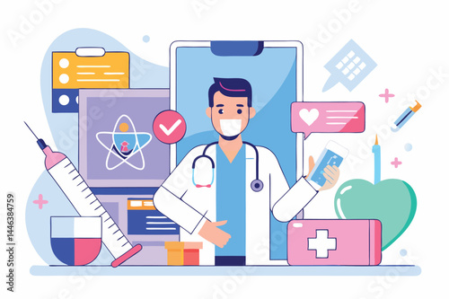 Young masked doctor with stethoscope is holding his smartphone on transparent background