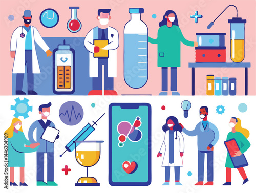 Diverse medical professionals are shown with lab equipment and digital health technology around them