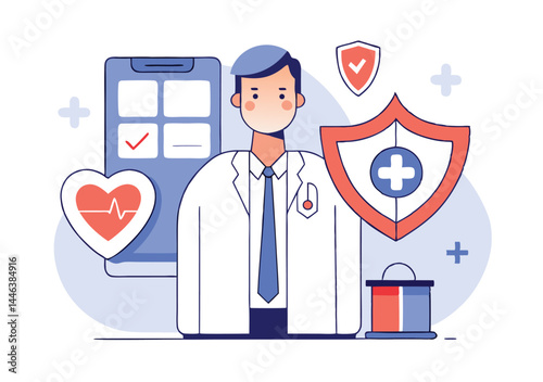 Flat doctor stands near heart, shield, checklist, and medical kit, conveying health assurance