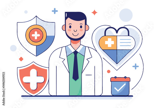 Smiling medic stands tall, surrounded by shields and medical icons on a transparent background