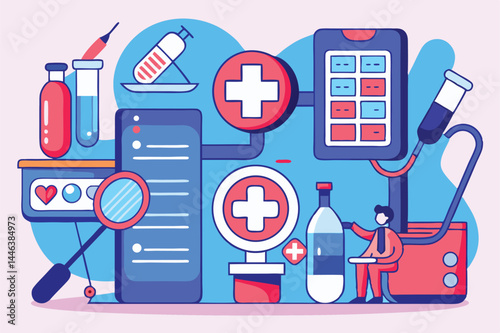Assorted medical objects surround a health professional, with digital display units using a red and blue theme