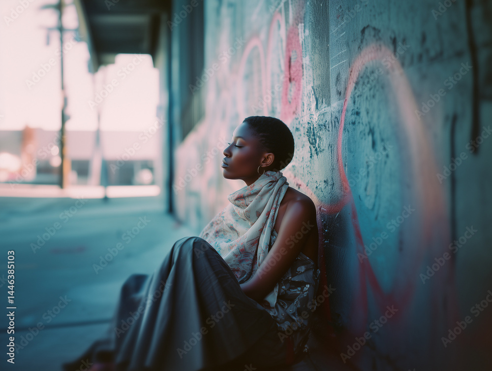 Naklejka premium stylish artist sitting against city wall covered in graffiti portrait